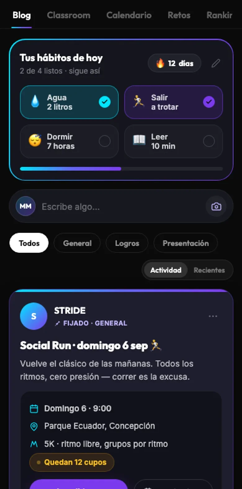Pantalla de Hábitos del área de miembros