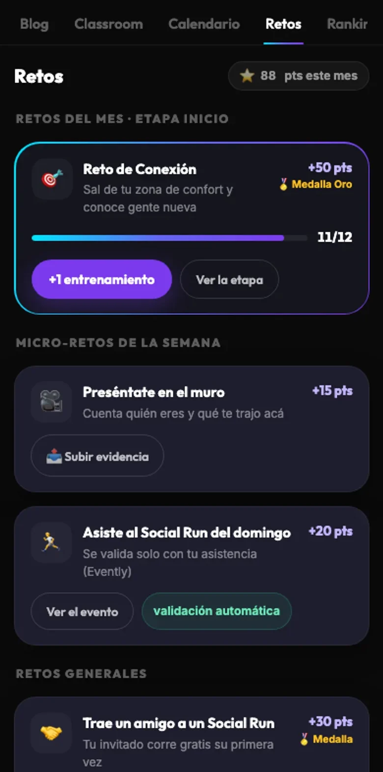 Pantalla de Retos del área de miembros